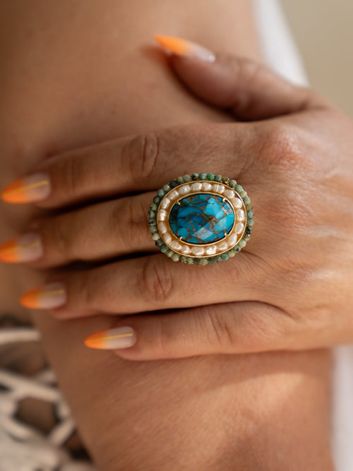 Bague Gaspard réglable avec pierre turquoise et perles Studio Albine P