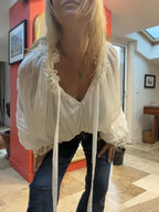 Blouse Sophie blanche avec débardeur inclus — détail de l’encolure et de la transparence