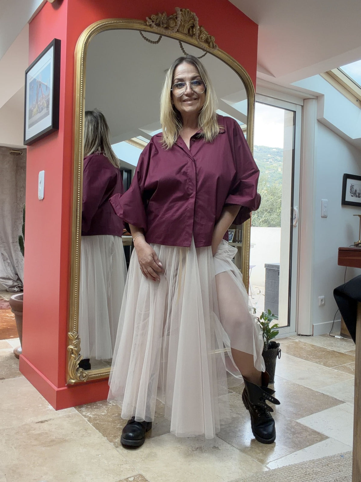 Chemise Romy prune manches trois quarts bouffantes