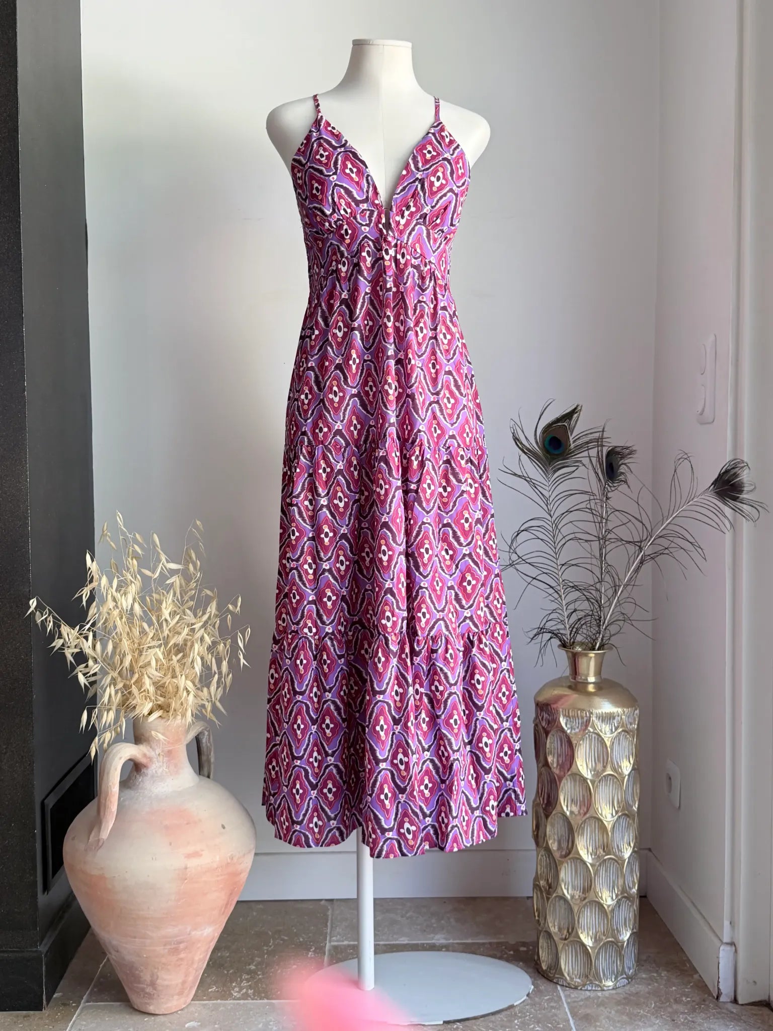 Robe Aurélie longue imprimée rose et violet
